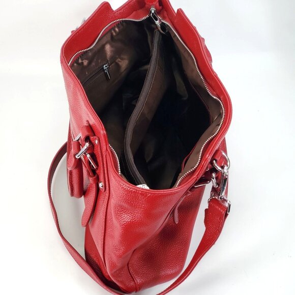 HESHE Women's Red Leather Designer Top Handle Crossbody Shoulder Bag 1342 - Picture 7 of 16